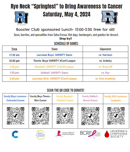  table of game times and QR codes for donations